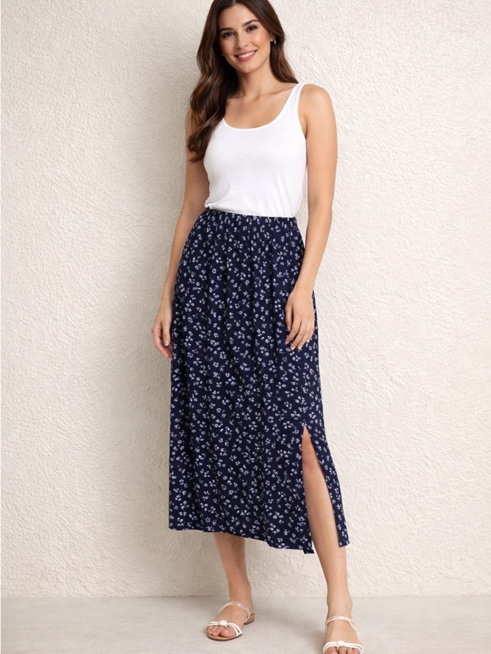GAP Floral Midi Skirt M Blue Boho Elastic Waist Side Slit Flowy Cottagecore Chic